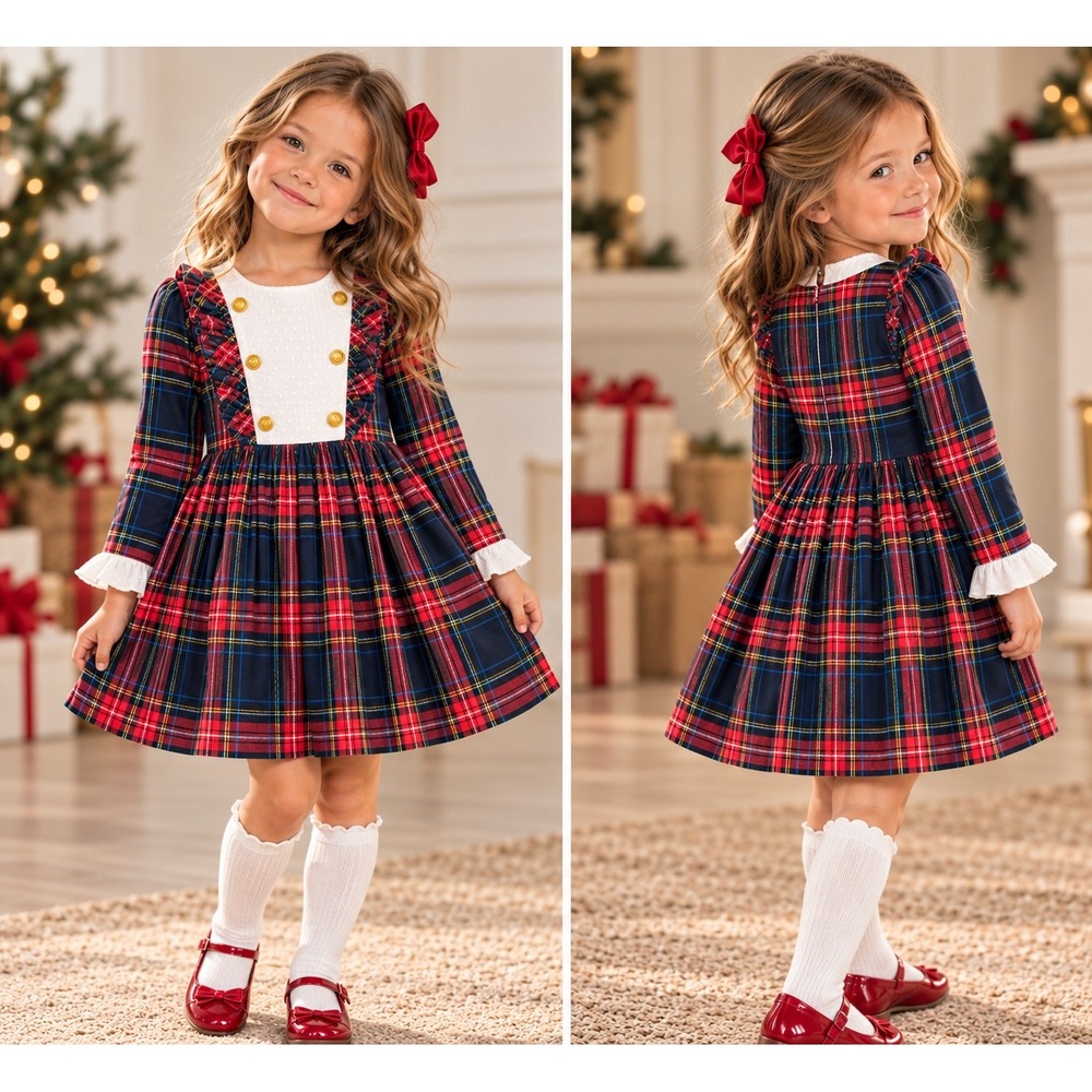Trish Scully Dress Plaid Ruffle Gold Button Holiday Festive Size 4